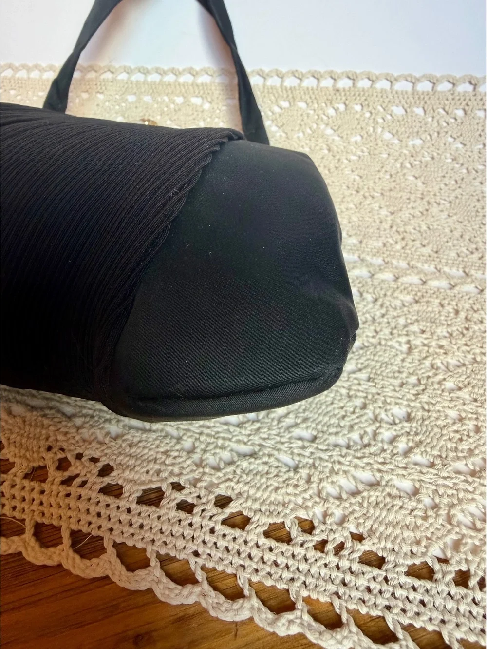 Vintage Garay Black Pleated Evening Handbag Rhinestone Pearl Clasp Purse
